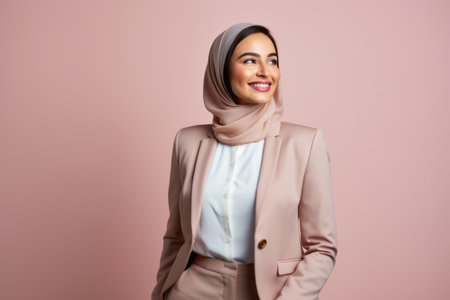 Portrait of a beautiful young asian muslim woman wearing hijab smiling at camera isolated over pink backgroundの素材