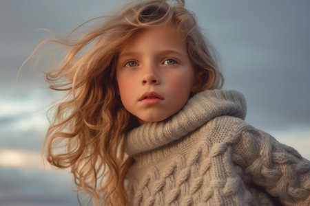 Portrait of a little girl with long blond hair in a knitted sweater.の素材