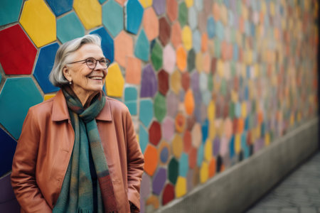 Portrait of smiling senior woman standing against colorful wall in the streetの素材