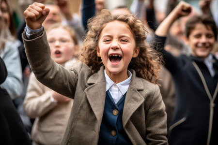 Cute little girl with curly hair raised her hands in victory.の素材