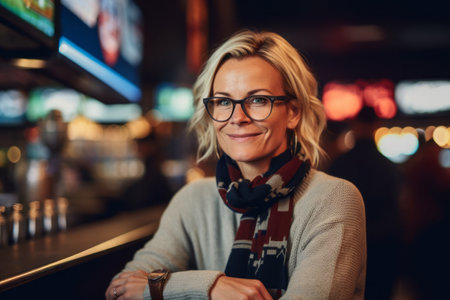 Portrait of smiling woman with eyeglasses at bar counter in pubの素材