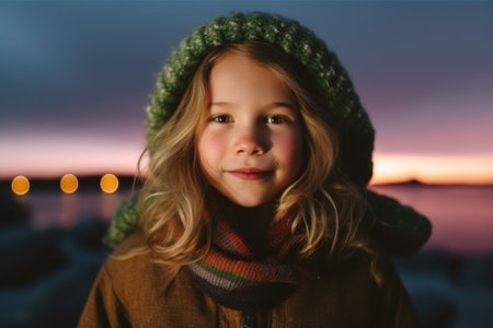Portrait of a little girl in a warm hat and scarf.の素材