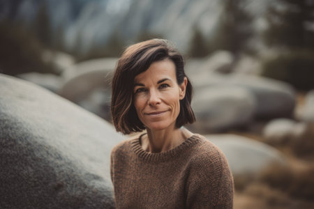 Portrait of a beautiful mature woman with long brown hair in the mountainsの素材