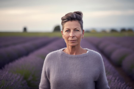 Portrait of mature woman standing in lavender field, looking at cameraの素材