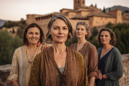 Portrait of a group of women in the background of an ancient castleの素材