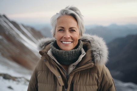 Portrait of happy senior woman in winter jacket on background of mountainsの素材