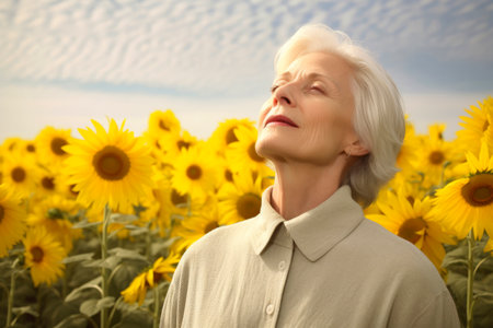 Portrait of senior woman in sunflowers field on sunny dayの素材