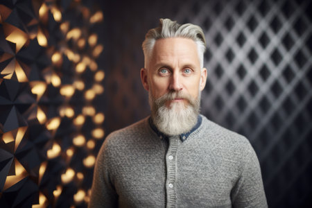 Portrait of a handsome senior man with gray hair and beard wearing a gray sweater.の素材