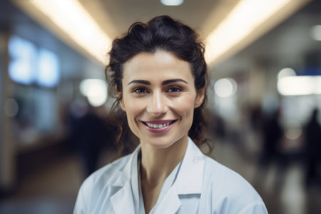 Portrait of happy female doctor looking at camera in corridor at hospitalの素材