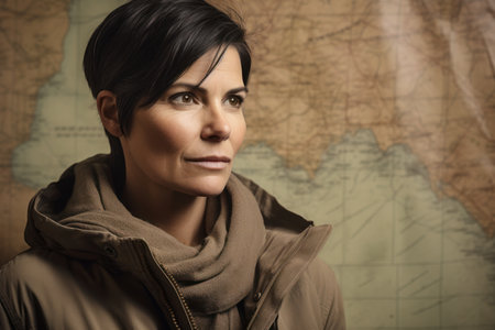 Portrait of a beautiful young woman on a background of a mapの素材