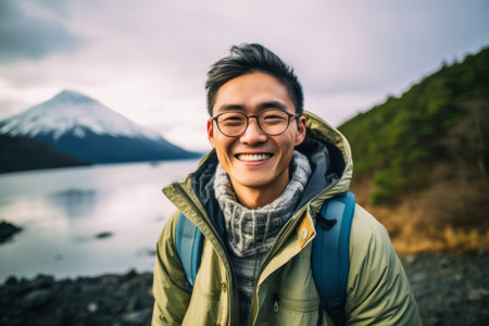 Handsome asian backpacker man looking at camera while standing on the lake and mountain backgroundの素材