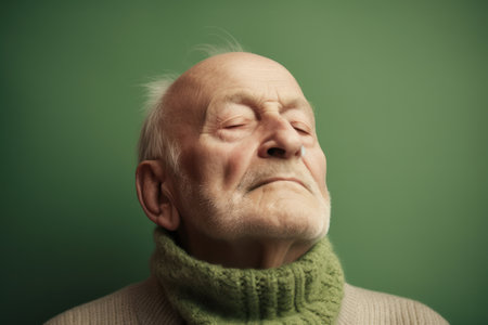 Portrait of an elderly man in a warm sweater on a green backgroundの素材