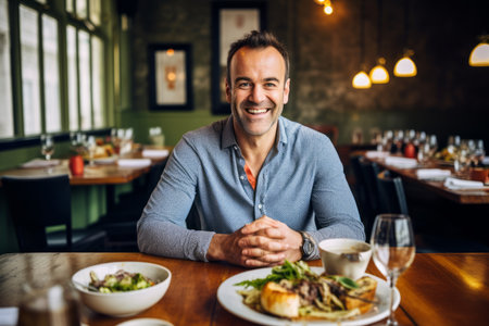 Portrait of a smiling man sitting at a table in a restaurantの素材