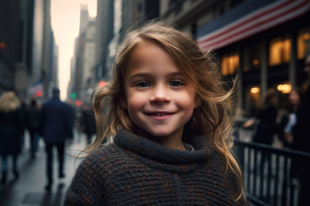 A portrait of a smiling little girl in New York City, USA.の素材