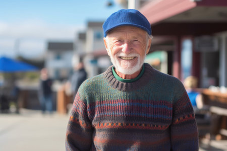 Portrait of senior man smiling at the camera while standing in the streetの素材