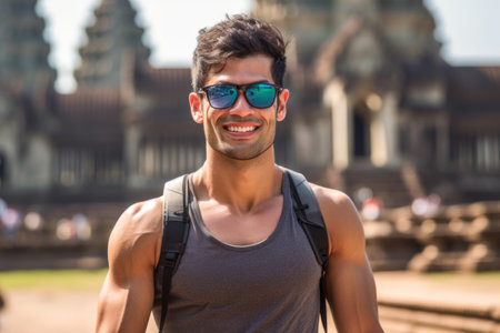 Portrait of handsome young man wearing sunglasses and smiling while standing in front of templeの素材
