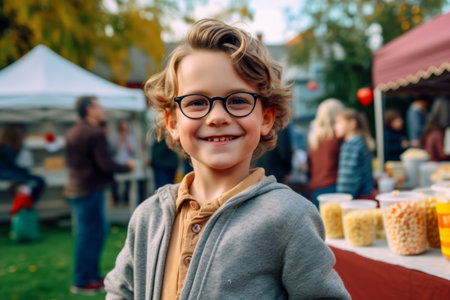 Portrait of a cute little boy with glasses at the fair.の素材
