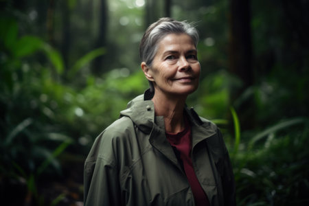 Portrait of a smiling senior woman standing in a rainforest.の素材