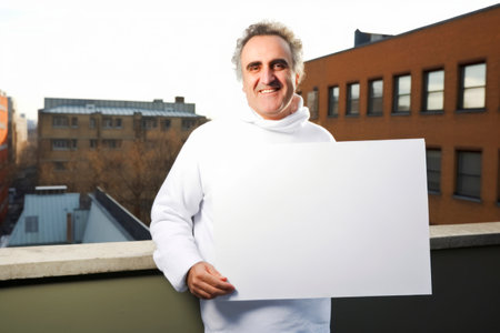 Mature man holding a blank sheet of paper on the roof of a buildingの素材