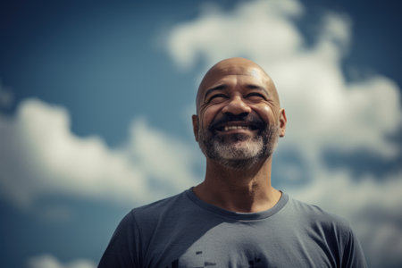 Portrait of a senior man smiling against blue sky with clouds.の素材