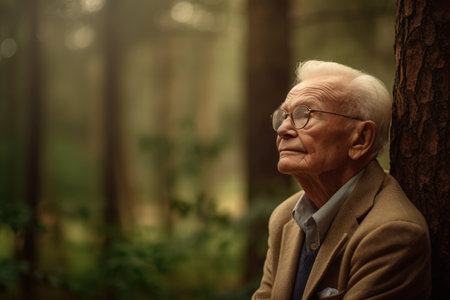 Portrait of an elderly man in the forest. Selective focus.の素材