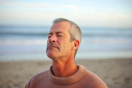 Handsome middle-aged man relaxing on the beach at sunsetの素材