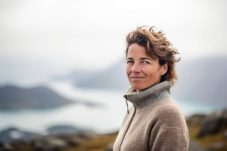 Portrait of a middle-aged woman on the coast of Norwayの素材