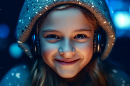 Cute little girl with headphones listening to music. Christmas and New Year concept.の素材