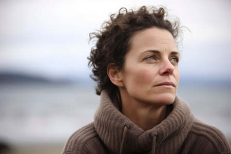 Portrait Of A Mature Woman Looking At Camera On Winter Beachの素材