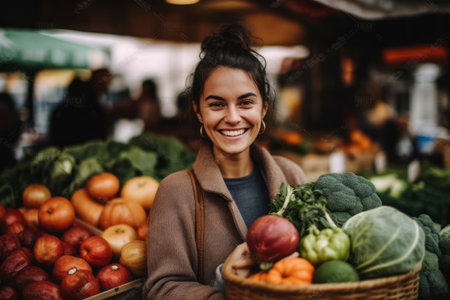 Portrait of smiling young woman buying fresh vegetables at the market.の素材