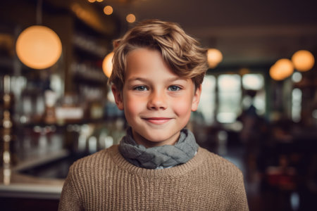 Portrait of smiling boy in cafe. Focus on boy face.の素材