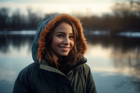 Portrait of a beautiful young woman in a warm jacket on the background of the river.の素材