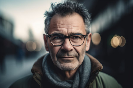 Portrait of senior man with eyeglasses in the city.の素材