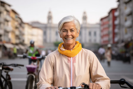 Portrait of happy senior woman riding bicycle on street in the cityの素材