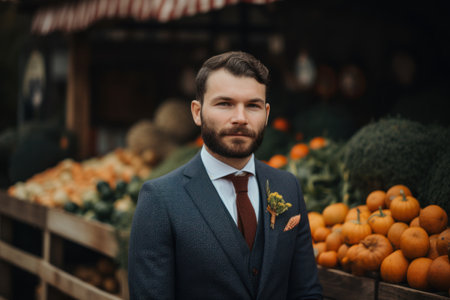 Portrait of a handsome man with a beard in a suit on the background of vegetables in the store.の素材