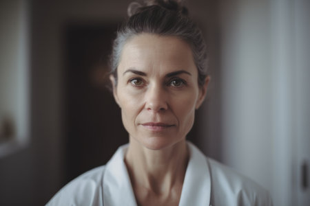 Portrait of mature female doctor in white coat looking at camera.の素材