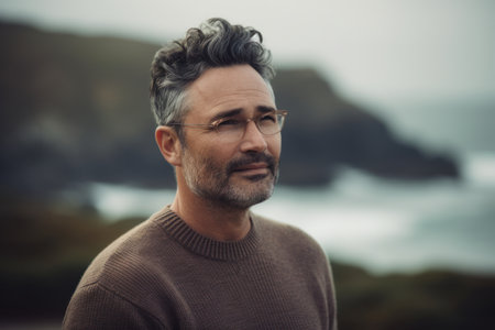 Portrait of a handsome middle-aged man wearing glasses and a sweater standing in front of the ocean on a cloudy dayの素材