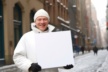 Man holding a blank sheet of paper on the street in winter.の素材