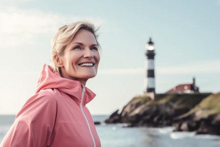 smiling sportswoman in pink jacket looking away while standing near lighthouseの素材