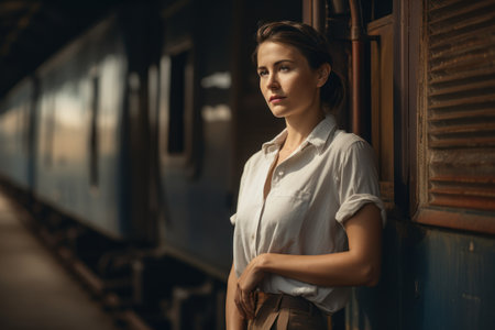 Portrait of a beautiful woman on the platform of a train stationの素材