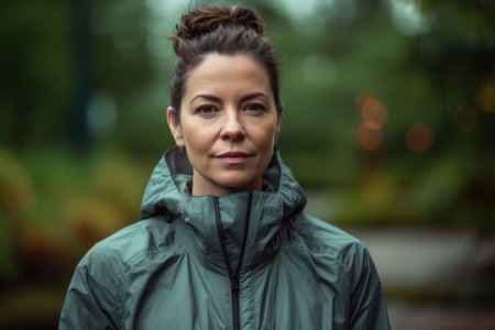 Portrait of a woman in a raincoat on a city streetの素材