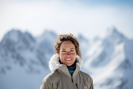 Portrait of a smiling woman in winter clothes against snowy mountain backgroundの素材