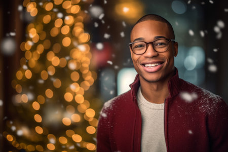 happy african american man with glasses over christmas lights backgroundの素材