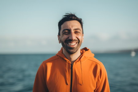 Portrait of a handsome man in an orange jacket on the seashoreの素材