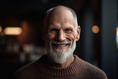 Portrait of a smiling senior man looking at camera in a cafeの素材