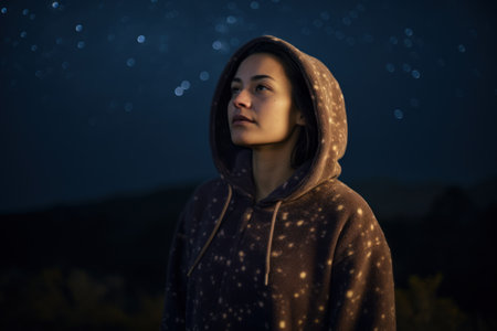Portrait of a young woman in a hood at night with stars in the backgroundの素材