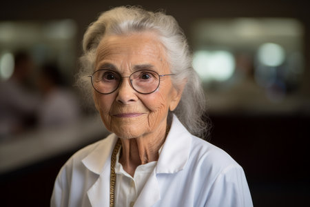 Portrait of senior woman with eyeglasses in the retirement homeの素材