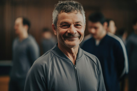 Portrait of senior man smiling at camera while standing in fitness classの素材