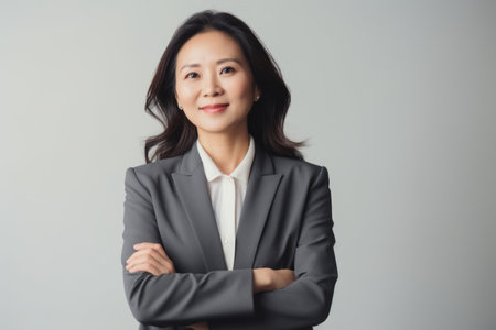 Confident Asian businesswoman standing with arms crossed over gray background.の素材