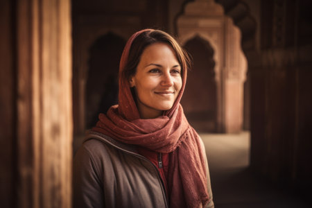 Portrait of a beautiful young woman with red scarf at the mosqueの素材